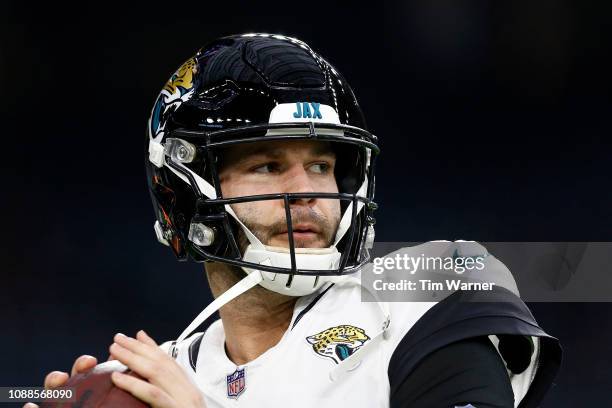 Blake Bortles of the Jacksonville Jaguars warms up before the game against the Houston Texans at NRG Stadium on December 30, 2018 in Houston, Texas.