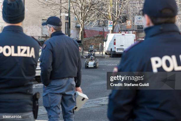 Detail of a anti-explosive robot as it returns near the policemen during a false alarm bomb package for a suspicious bag in Porta Palatina area in...