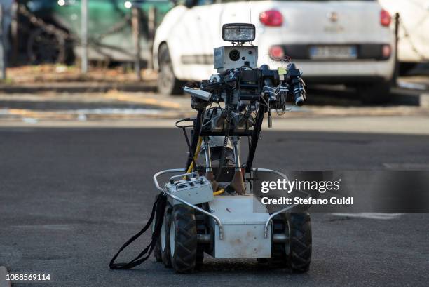 Detail of anti-explosive robot during a false alarm bomb package for a suspicious bag in Porta Palatina area in Turin. The selection of a bomb...