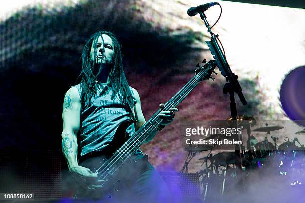 Bassist John Moyer of Disturbed performs at the Mississipi Coast Coliseum on February 5, 2011 in Biloxi City.