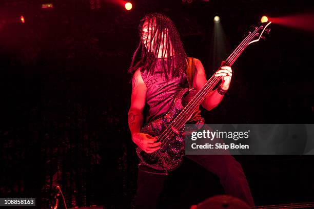 Bassist John Moyer of Disturbed performs at the Mississipi Coast Coliseum on February 5, 2011 in Biloxi City.