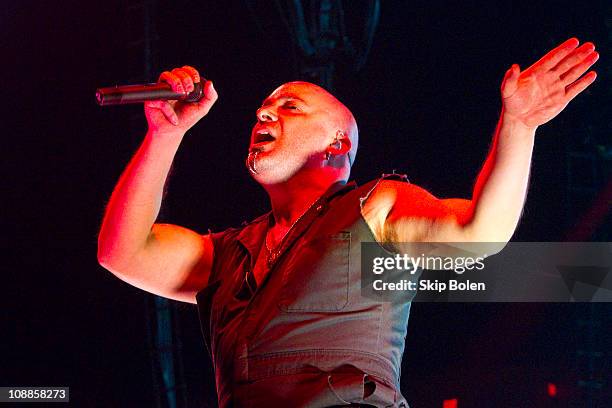 Lead vocalist David Draiman of Disturbed performs at the Mississipi Coast Coliseum on February 5, 2011 in Biloxi City.