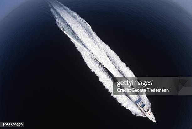 Aerial view of The Gentry Eagle, a 110 foot aluminum craft powered by twin turbocharged V16 diesels, setting out from New York Harbor to set a new...