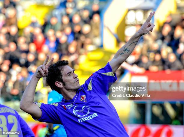 Gaetano D'Agostino of ACF Fiorentina celebrates scoring the first goal during the Serie A match between Parma FC and ACF Fiorentina at Stadio Ennio...