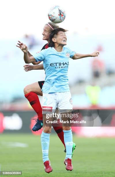 Yukari Kinga of Melbourne City and Kylie Ledbrook of the Wanderers compete for a header during the round nine W-League match between the Western...