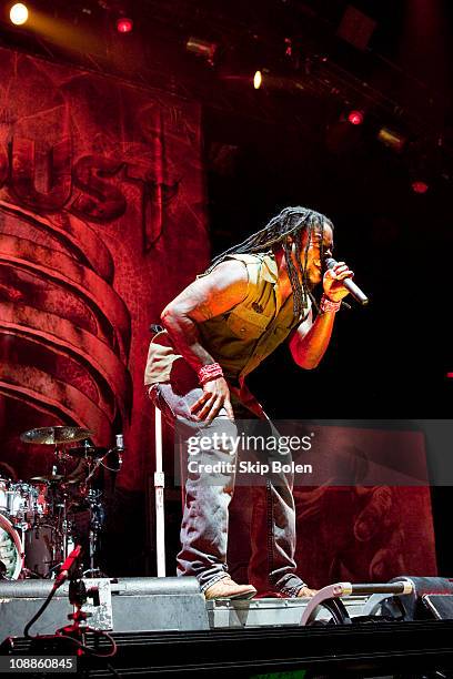 Vocalist Lajon Witherspoon of Sevendust performs at the Mississipi Coast Coliseum on February 5, 2011 in Biloxi City.