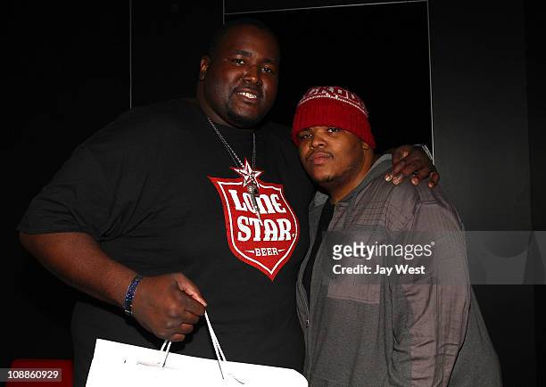Actor Quinton Aaron poses with Motorola Xoom at the Maxim Party Powered by Motorola Xoom at Centennial Hall at Fair Park on February 5, 2011 in...