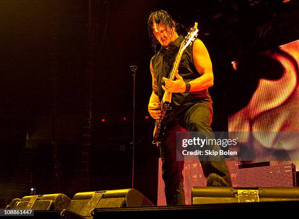 Guitarist Dan Donegan of Disturbed performs at the Mississipi Coast Coliseum on February 5, 2011 in Biloxi City.