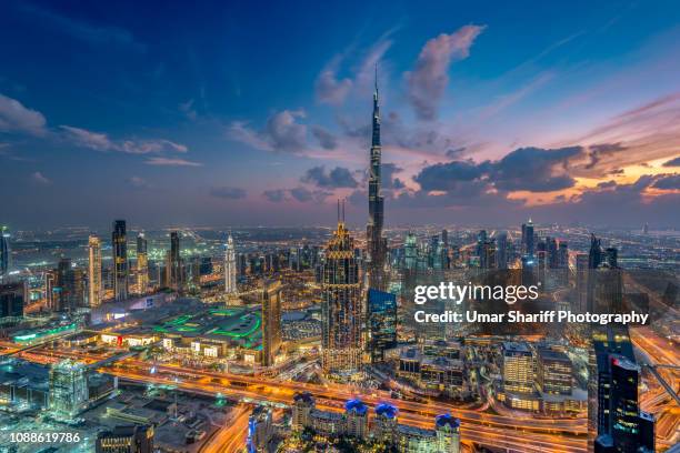 dubai downtown urban skyline - arial view dubai skyline stock pictures, royalty-free photos & images