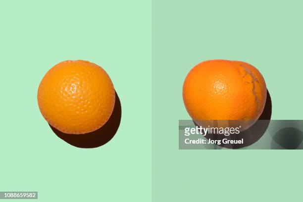plastic orange beside real orange - unvollkommenheit stock-fotos und bilder