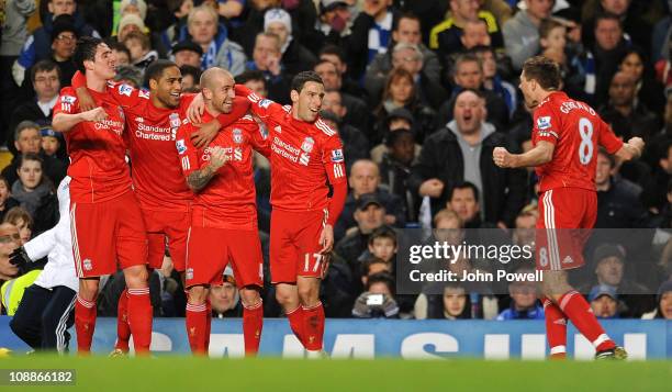 Raul Meireles of Liverpool celebrates after scoring the only goal during a Barclays Premier League match between Chelsea and Liverpool at Stamford...