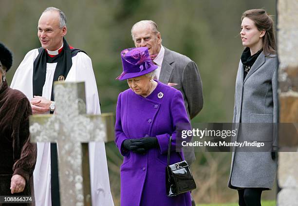 Reverend Jonathan Riviere, Queen Elizabeth II, Prince Philip, The Duke of Edinburgh and Alexandra Knatchbull after attending a church service on the...