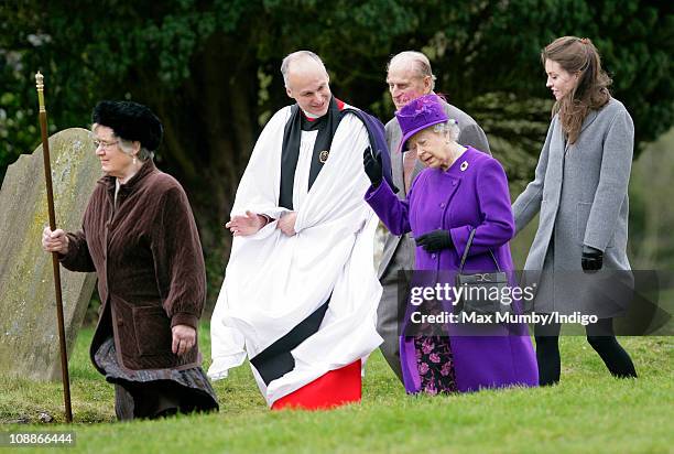 Reverend Jonathan Riviere, Queen Elizabeth II, Prince Philip, The Duke of Edinburgh and Alexandra Knatchbull after attending a church service on the...