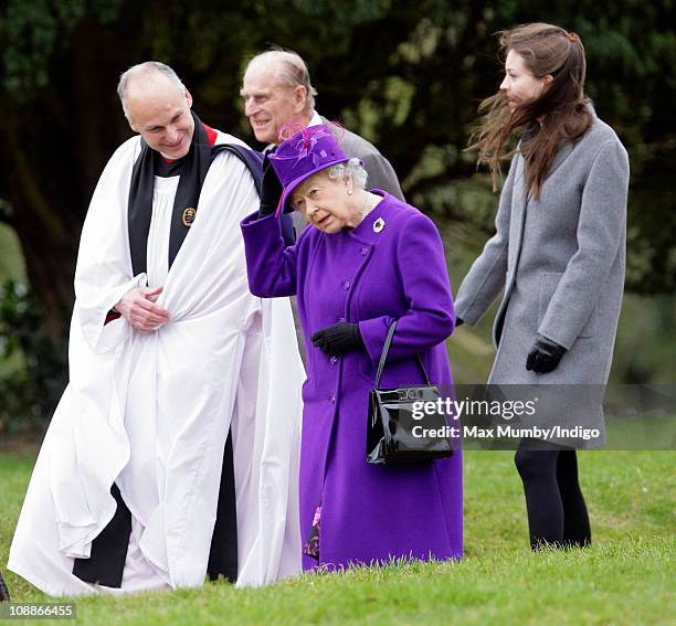 Reverend Jonathan Riviere, Queen Elizabeth II, Prince Philip, The Duke of Edinburgh and Alexandra Knatchbull after attending a church service on the...