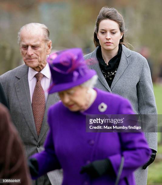 Alexandra Knatchbull accompanies Queen Elizabeth II and Prince Philip, The Duke of Edinburgh as they attend a church service on the 59th anniversary...