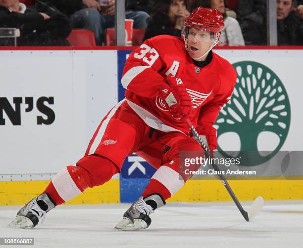 Kris Draper of the Detroit Red Wings skates in a game against the Columbus Blue Jackets on February 4, 2011 at the Joe Louis Arena in Detroit,...