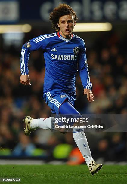 David Luiz of Chelsea in action during the Barclays Premier League match between Chelsea and Liverpool at Stamford Bridge on February 6, 2011 in...