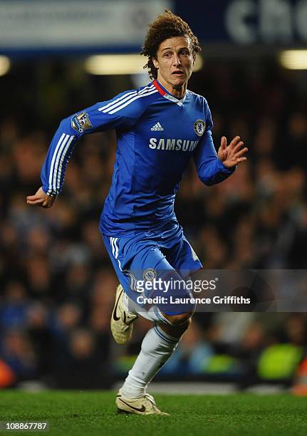 David Luiz of Chelsea in action during the Barclays Premier League match between Chelsea and Liverpool at Stamford Bridge on February 6, 2011 in...
