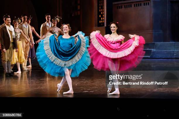 Stars Dancers Ludmila Pagliero and Dorothee Gilbert acknowledge the applause of the audience at the end of show during the "Opera National de Paris"...