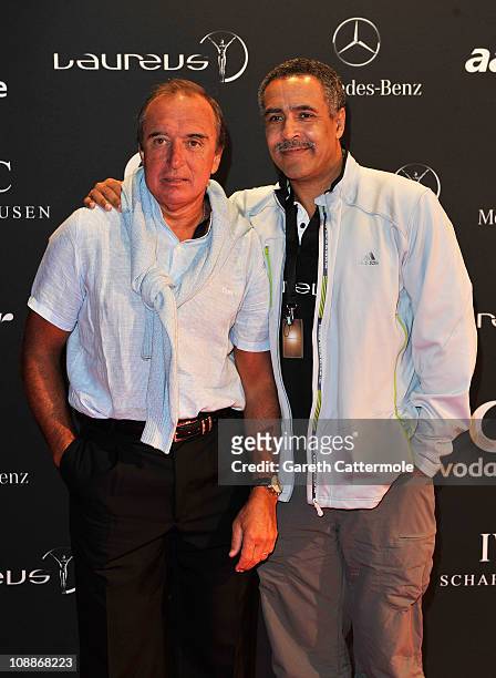 Academy members Hugo Porta and Daley Thompson arrive for the Laureus Welcome Party as part of the 2011 Laureus World Sports Awards at Cipriani Yas...