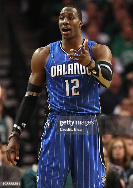 Dwight Howard of the Orlando Magic reacts after he is called for a foul in the second half against the Boston Celtics on February 6, 2011 at the TD...