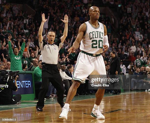 Ray Allen of the Boston Celtics celebrates his three point shot in the first half against the Orlando Magic on February 6, 2011 at the TD Garden in...