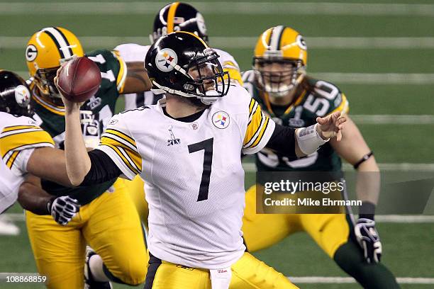 Ben Roethlisberger of the Pittsburgh Steelers looks to pass against the Green Bay Packers during Super Bowl XLV at Cowboys Stadium on February 6,...