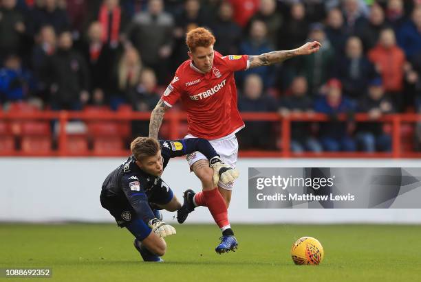 Jack Colback of Nottingham Forest beats Bailey Peacock-Farrell of Leeds United to score goal during the Sky Bet Championship match between Nottingham...