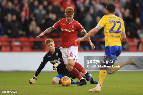 Jack Colback of Nottingham Forest beats Bailey Peacock-Farrell of Leeds United to score goal during the Sky Bet Championship match between Nottingham...