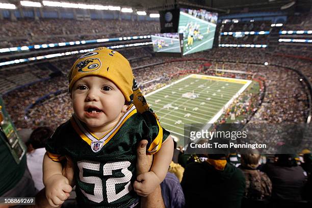 Baby Packers' fan watches the Green Bay Packers take on the Pittsburgh Steelers in Super Bowl XLV at Cowboys Stadium on February 6, 2011 in...