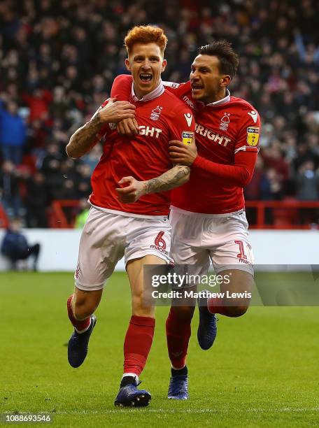 Jack Colback of Nottingham Forest celebrates his goal with Joao Carvalho of Nottingham Forest during the Sky Bet Championship match between...