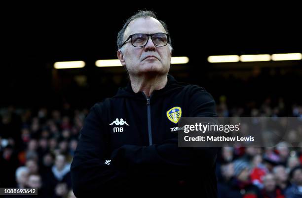 Marcelo Bielsa, manager of Leeds United looks on during the Sky Bet Championship match between Nottingham Forest and Leeds United at City Ground on...