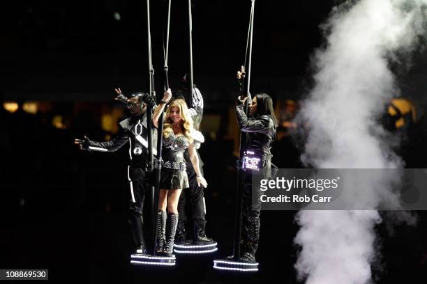 Will.i.am, Fergie and Taboo of the Black Eyed Peas perform during the Bridgestone Super Bowl XLV Halftime Show at Cowboys Stadium on February 6, 2011...