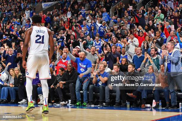 The crowd reacts with Joel Embiid of the Philadelphia 76ers during the game against the Oklahoma City Thunder on January 19, 2019 at the Wells Fargo...