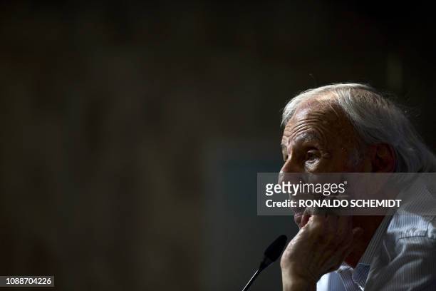 Argentine football coach Cesar Luis Menotti, director of national teams, speaks during a press conference in Buenos Aires, on January 25, 2019. The...