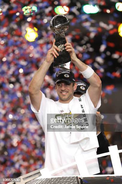 Aaron Rodgers and Clay Matthews of the Green Bay Packers of the Green Bay Packers holds the Lombardi Trophy after defeating the Pittsburgh Steelers...