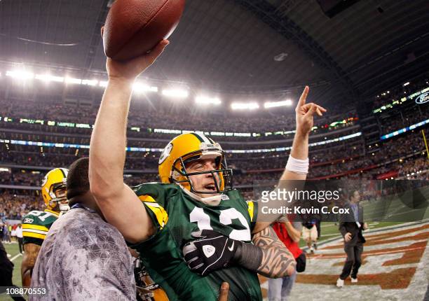 Aaron Rodgers of the Green Bay Packers celebrates after winning Super Bowl XLV against the Pittsburgh Steelers at Cowboys Stadium on February 6, 2011...