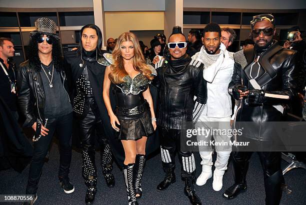 Slash, Taboo, Fergie, apl.de.ap, Usher and will.i.am attend the Bridgestone Super Bowl XLV Halftime Show at Dallas Cowboys Stadium on February 6,...