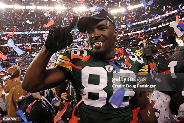 Donald Lee of the Green Bay Packers celebrates after they defeated the Pittsburgh Steelers 31 to 25 during Super Bowl XLV at Cowboys Stadium on...