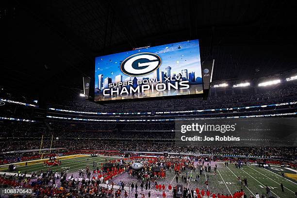 The Green Bay Packers celebrate defeating the Pittsburgh Steelers 31 to 25 in Super Bowl XLV at Cowboys Stadium on February 6, 2011 in Arlington,...