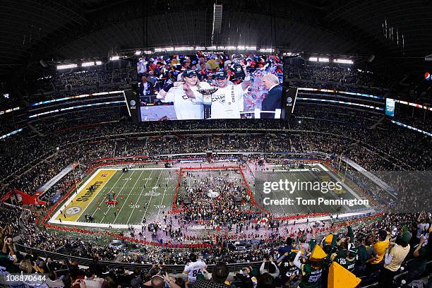 The Green Bay Packers celebrate defeating the Pittsburgh Steelers 31 to 25 in Super Bowl XLV at Cowboys Stadium on February 6, 2011 in Arlington,...