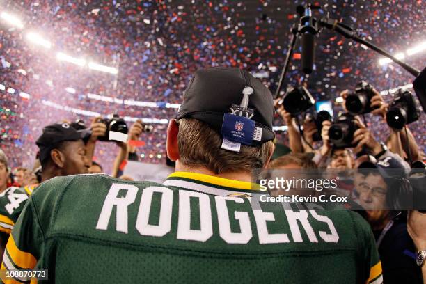 Super Bowl MVP Aaron Rodgers of the Green Bay Packers celebrates after winning Super Bowl XLV 31-25 against the Pittsburgh Steelers at Cowboys...