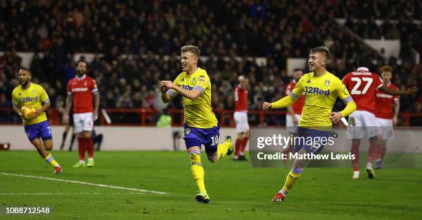 Ezgjan Alioski of Leeds United celebrates scoring his teams second goal during the Sky Bet Championship match between Nottingham Forest and Leeds...