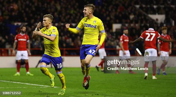 Ezgjan Alioski of Leeds United celebrates scoring his teams second goal during the Sky Bet Championship match between Nottingham Forest and Leeds...