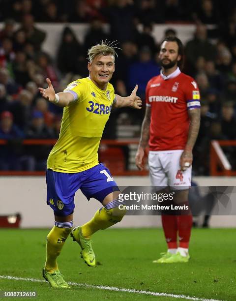 Ezgjan Alioski of Leeds United celebrates scoring his teams second goal during the Sky Bet Championship match between Nottingham Forest and Leeds...