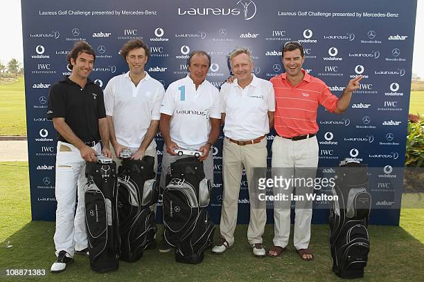 Karl-Heinz Riedle, Gerard Tsobanian, academy member Hugo Porta, Dr Joachim Schmidt and Thomas Berthold after the Laureus Golf Challenge at the...