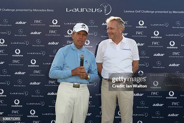 Academy Member Gary Player with Dr Joachim Schmidt after the Laureus Golf Challenge at the Saadiyat Beach Golf Club part of the 2011 Laureus World...