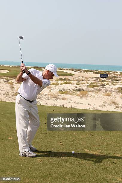 Academy Member Sir Bobby Charlton in action during the Laureus Golf Challenge at the Saadiyat Beach Golf Club part of the 2011 Laureus World Sports...