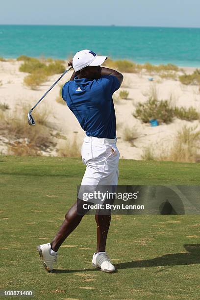 Dwight Yorke in action during the Laureus Golf Challenge at the Saadiyat Beach Golf Club part of the 2011 Laureus World Sports Awards on February 6,...