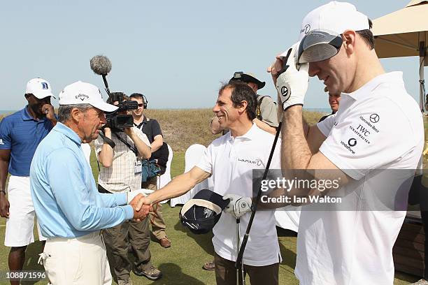 Academy Member Gary Player with Gianfranco Zola during the Laureus Golf Challenge at the Saadiyat Beach Golf Club part of the 2011 Laureus World...